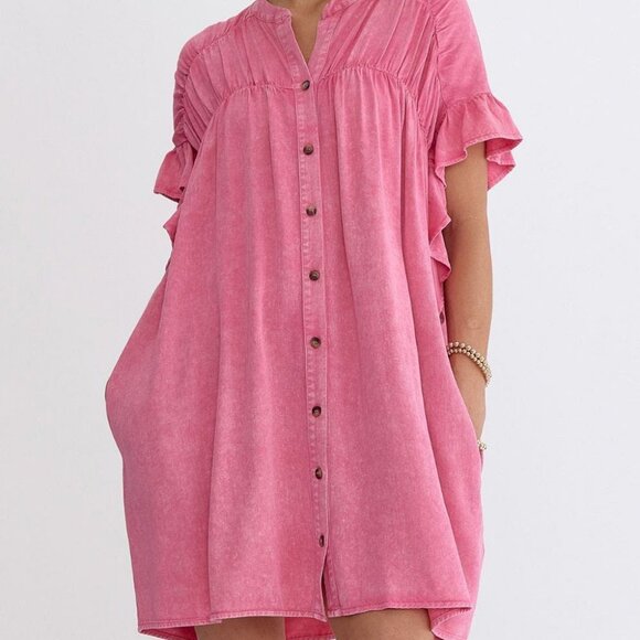 B260 Pink Ruffled Short Sleeve Buttoned Denim Mini Dress - Picture 2 of 10